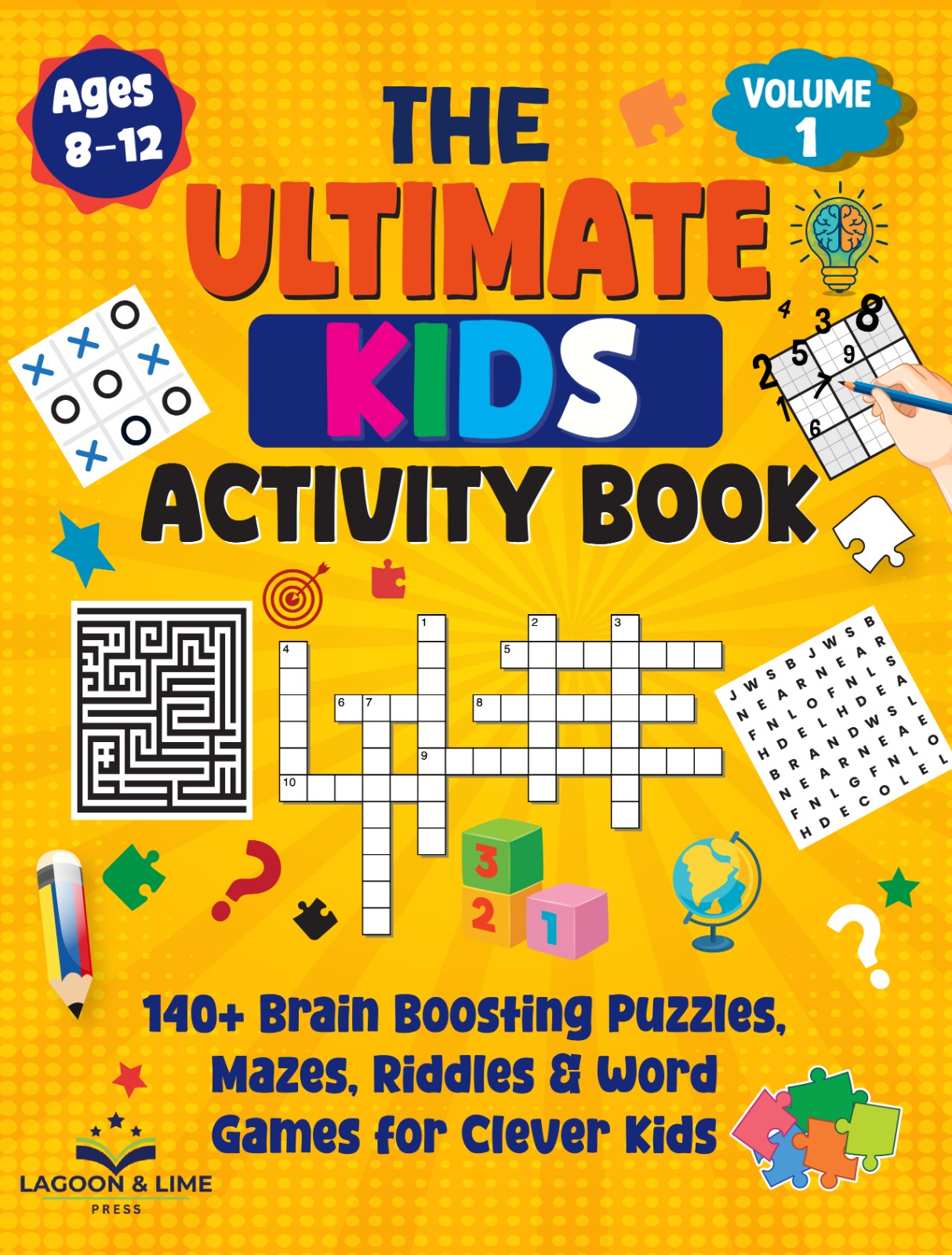 The Ultimate Kids Activity Book Volume 1 cover, 140+ puzzles for ages 8–12