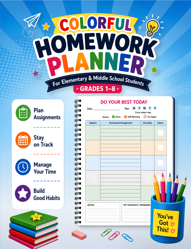 Homework Planner for Kids Colorful Edition cover, assignment tracker for Grades 1–8