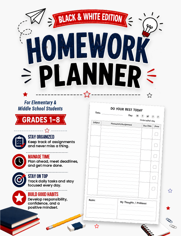 Homework Planner for Kids Black and White Edition cover, sensory-safe assignment tracker for Grades 1–8
